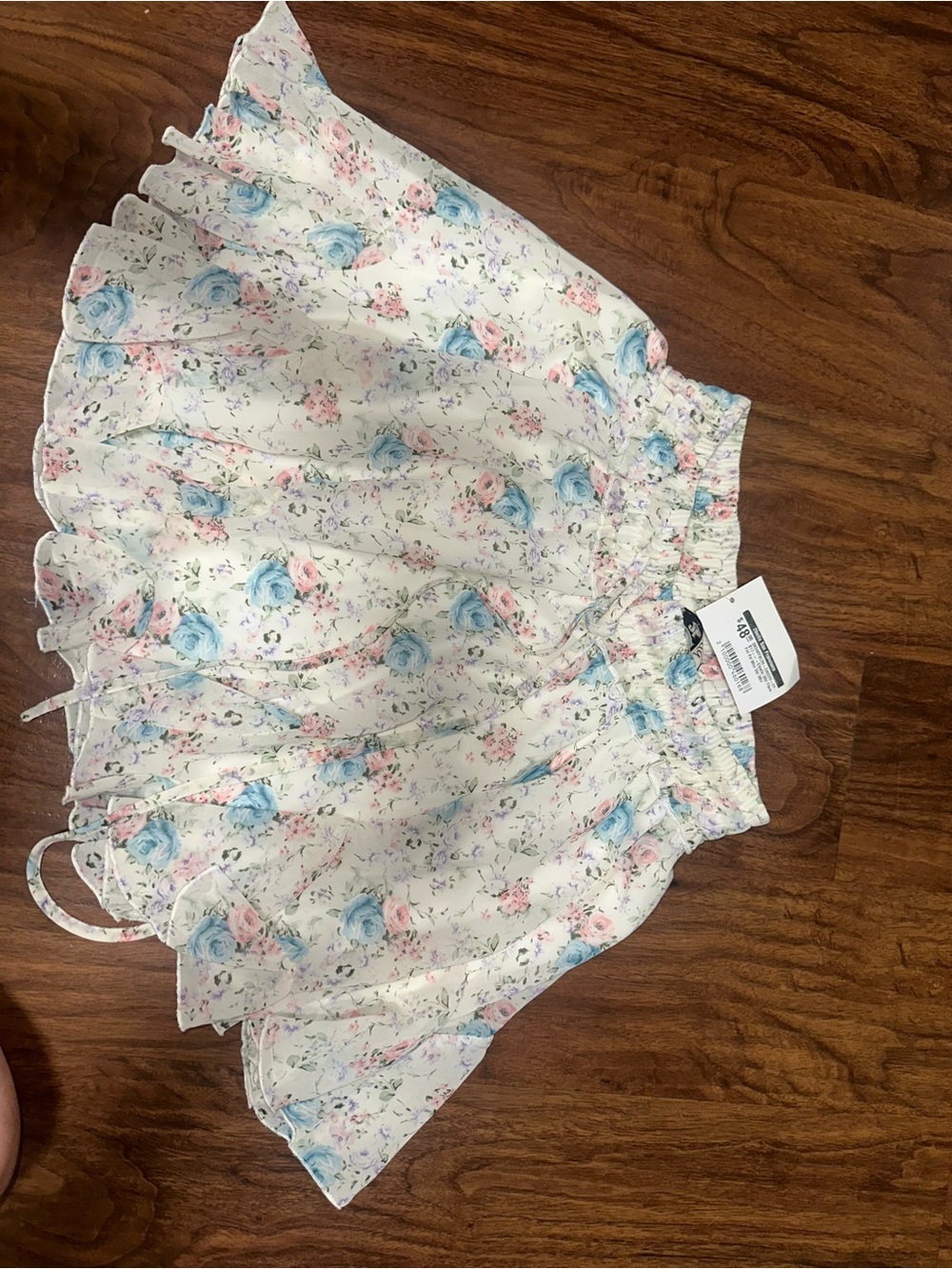 Floral Ruffle Mini Skirt - White with Blue & Pink Flowers